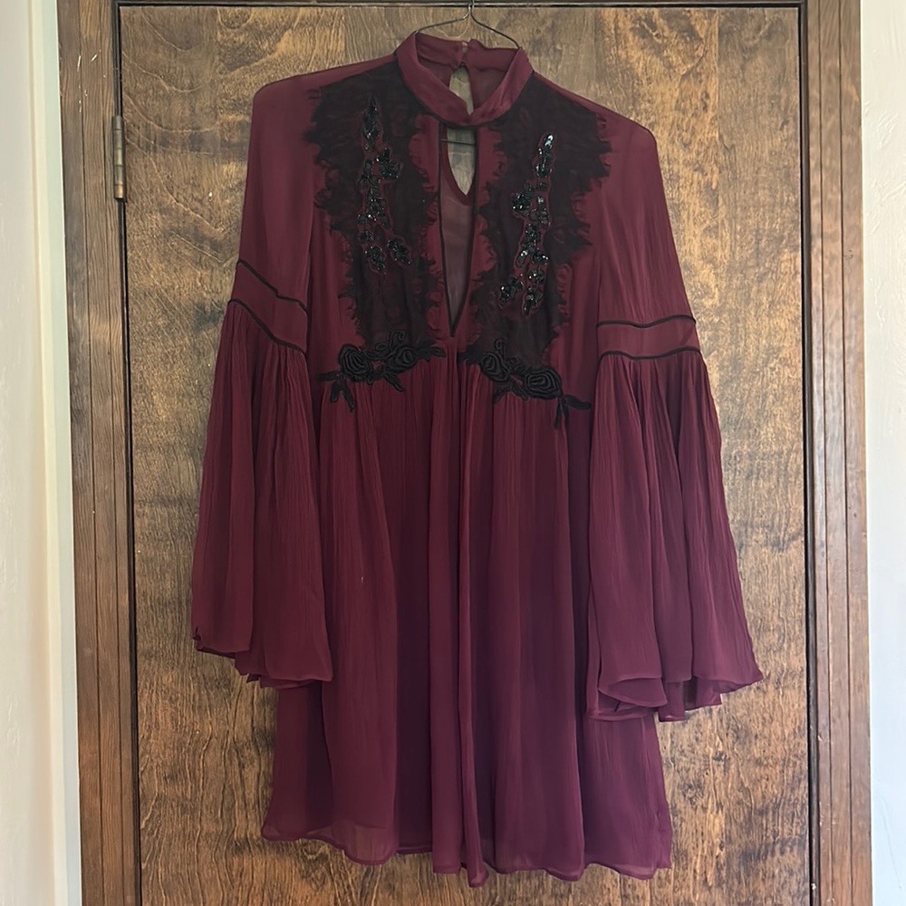 Free People Maroon Mini Dress with Black Lace